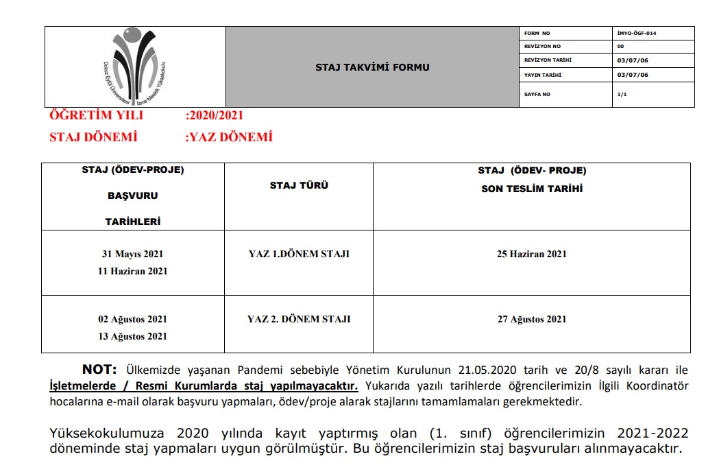 yaz donemi staj takvimi izmir meslek yuksekokulu